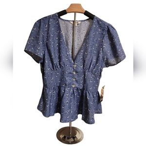 Hint of Blush Blue Floral Button-Down Blouse Size XL